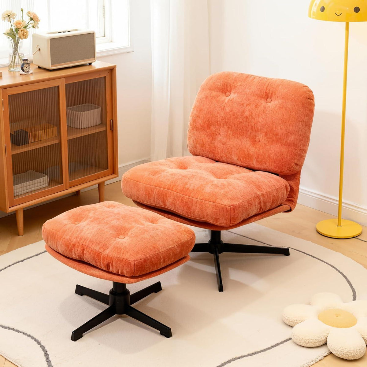 Drehbarer Relaxsessel mit Hocker & Chenille-Bezug, Orange
