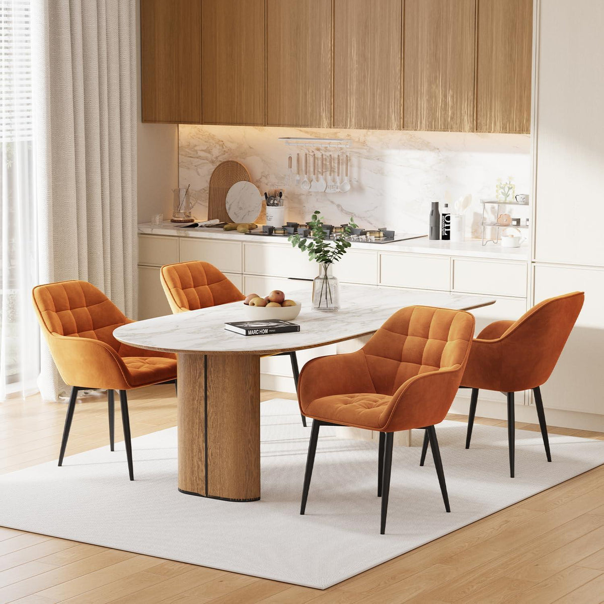 Samt Esszimmerstühle 6er Set mit Armlehnen, Orange