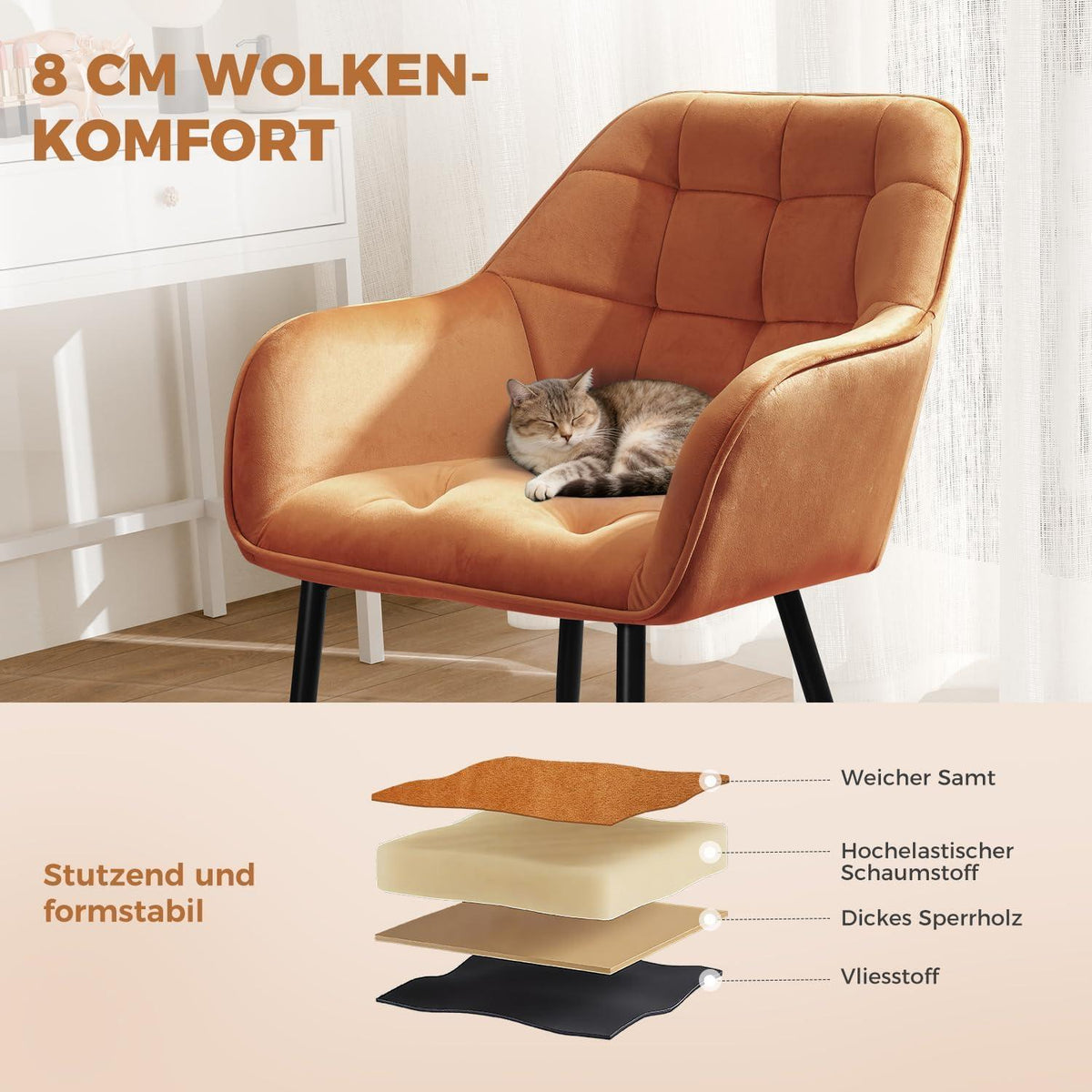 Samt Esszimmerstühle 6er Set mit Armlehnen, Orange