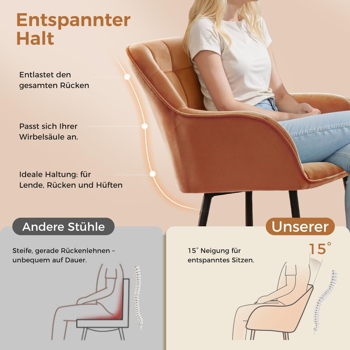 Samt Esszimmerstühle 6er Set mit Armlehnen, Orange