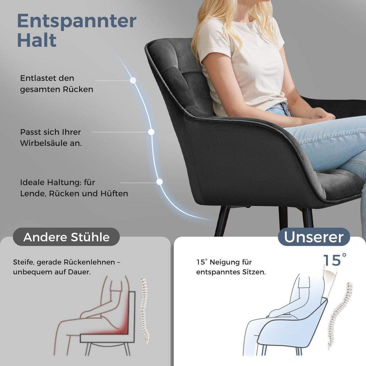 Samt Esszimmerstühle 6er Set mit Armlehnen, Dunkelgrau