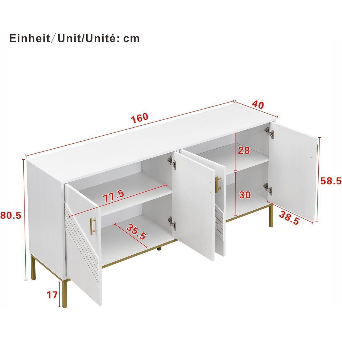 Modernes Sideboard mit 4 Türen & Höhenverstellbaren Regalen (Weiß)
