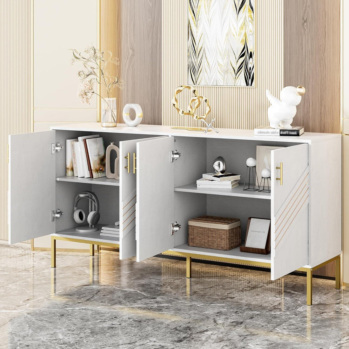Modernes Sideboard mit 4 Türen & Höhenverstellbaren Regalen (Weiß)