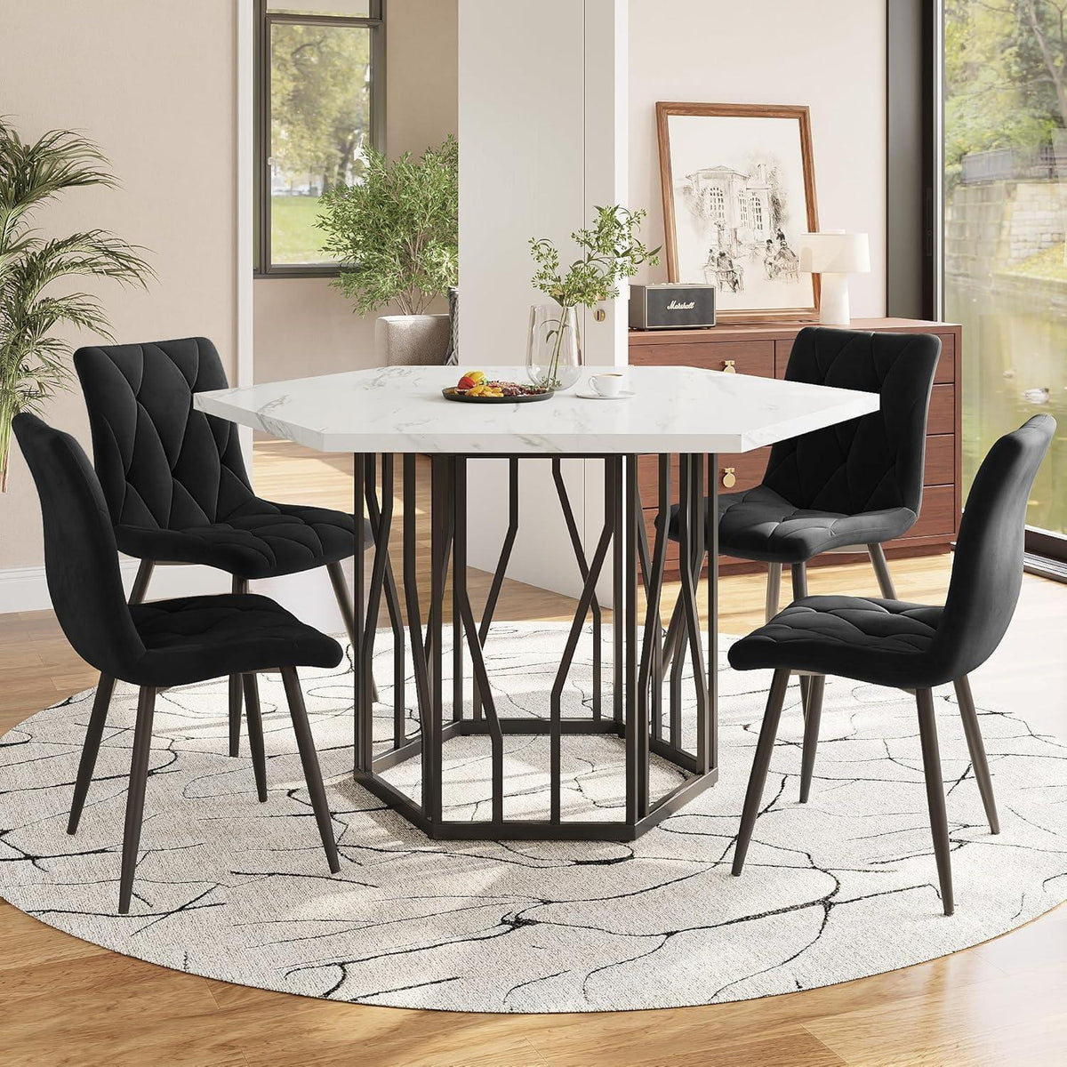 Moderner Esstisch Set (5-teilig) – Marmor & Samt Stühle
