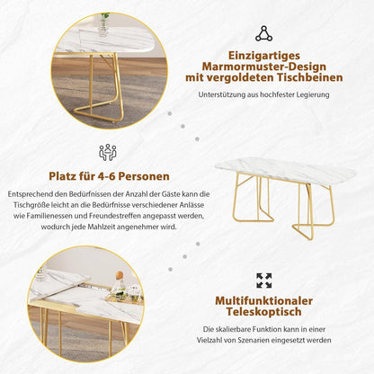 Ausziehbarer Esstisch Weiß mit Marmorstruktur & Goldbeinen