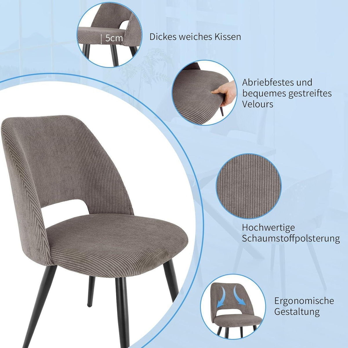 Esszimmerstühle 2er Set, Samt, Braun – Modern & Komfortabel