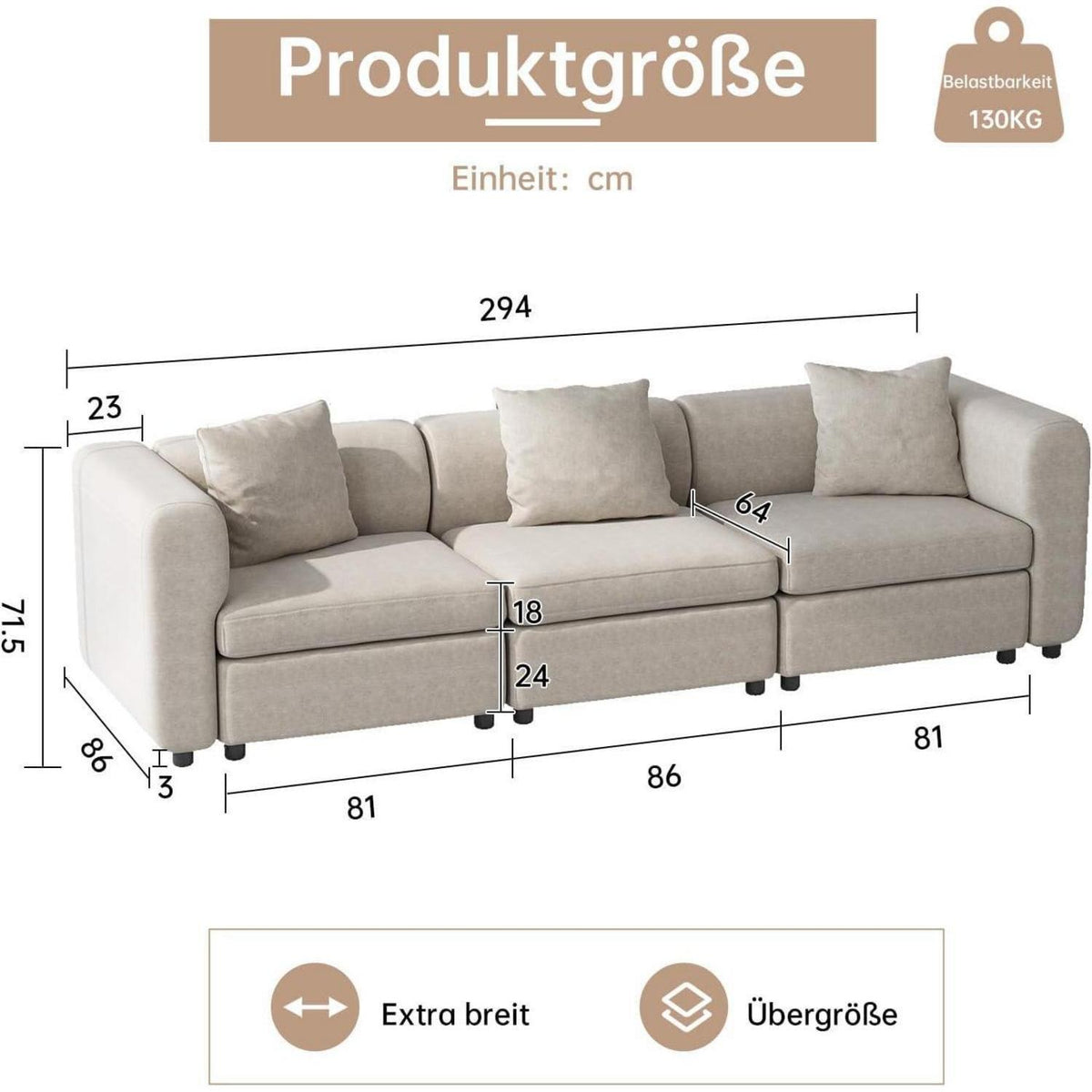 Modulares Stoffsofa 3-Sitzer – Beige, Flexibel & Komfortabel