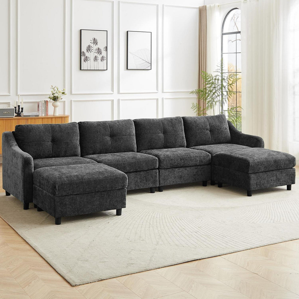 JIEXI Ecksofa mit Schlaffunktion – Grau, 4 Sitze + 2 Hocker