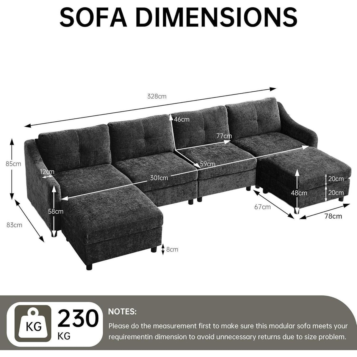 JIEXI Ecksofa mit Schlaffunktion – Grau, 4 Sitze + 2 Hocker