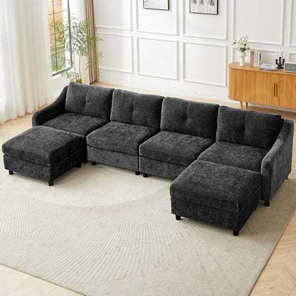 JIEXI Ecksofa mit Schlaffunktion – Grau, 4 Sitze + 2 Hocker