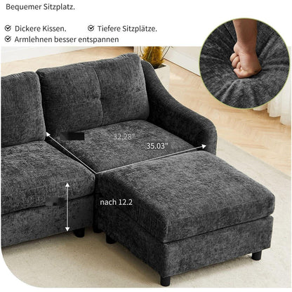 JIEXI Ecksofa mit Schlaffunktion – Grau, 4 Sitze + 2 Hocker