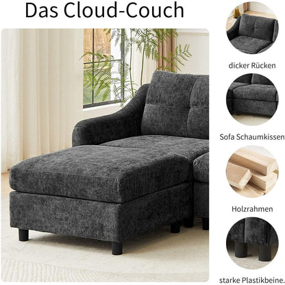 JIEXI Ecksofa mit Schlaffunktion – Grau, 4 Sitze + 2 Hocker