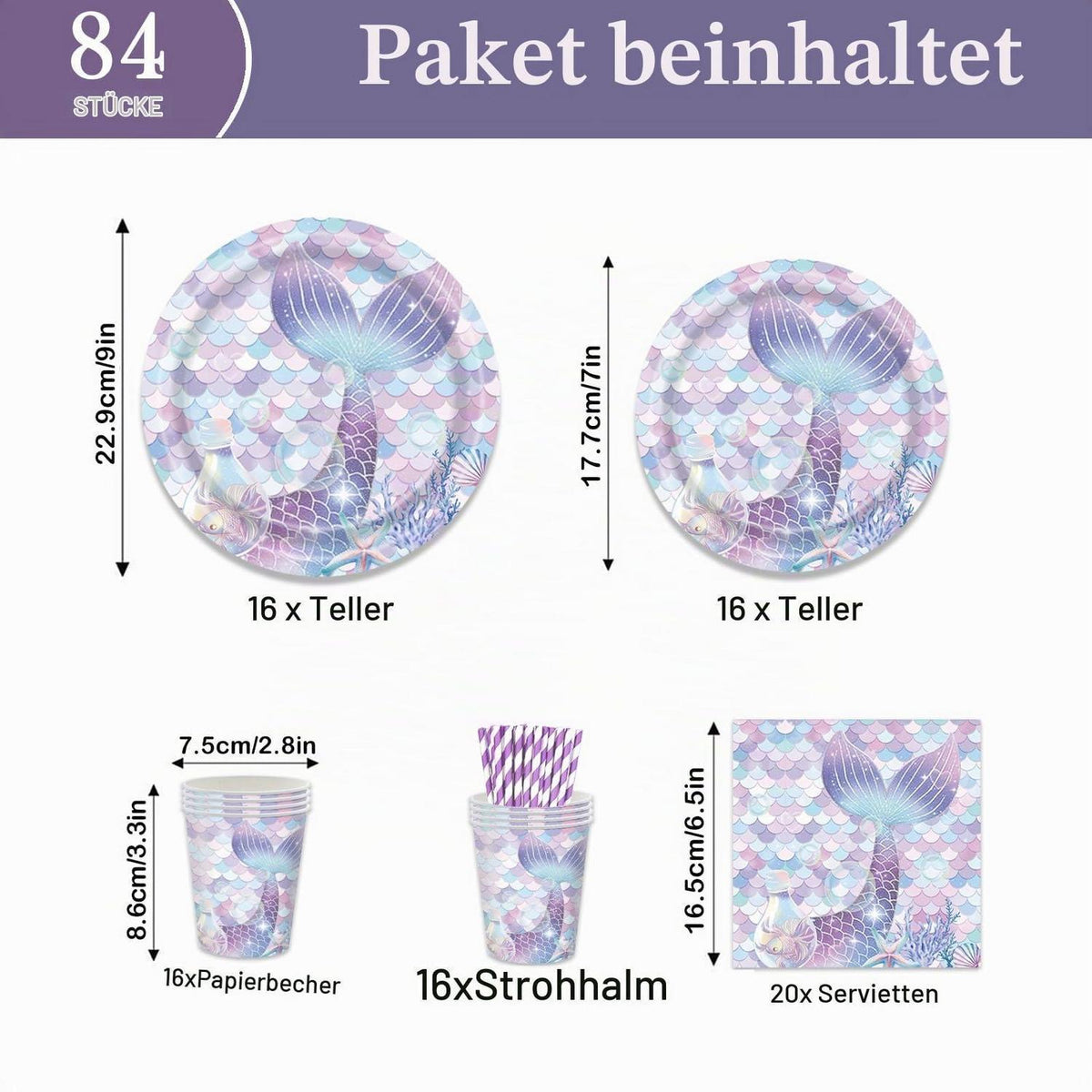 Meerjungfrau Partygeschirr Set für 16 Gäste – Teller, Becher & Servietten
