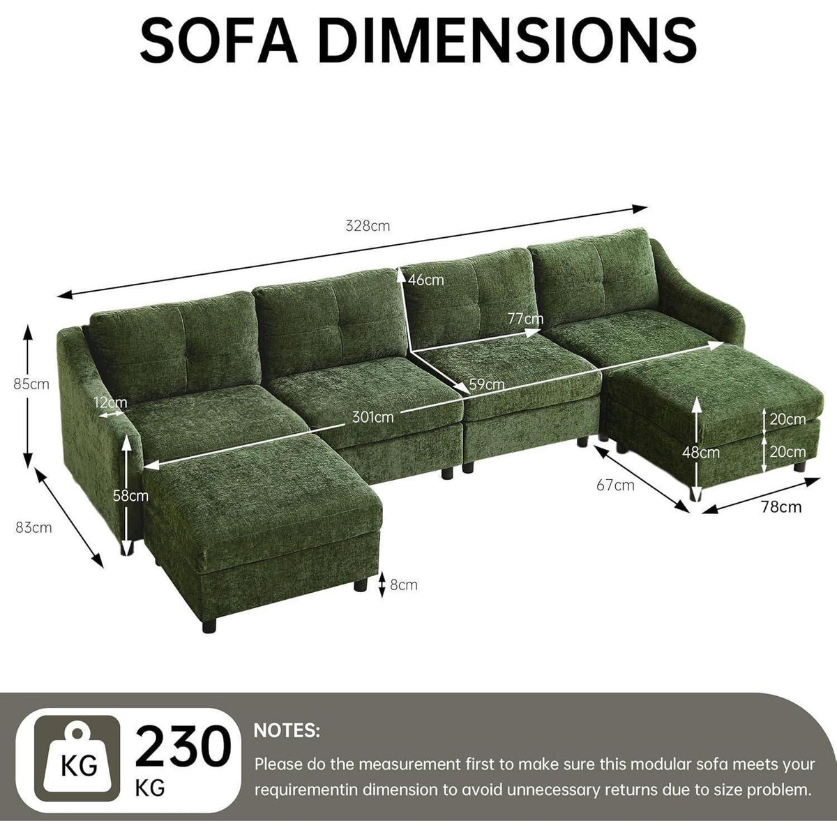 JIEXI Ecksofa mit Schlaffunktion – Dunkelgrün, 4 Sitze + 2 Hocker