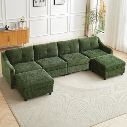 JIEXI Ecksofa mit Schlaffunktion – Dunkelgrün, 4 Sitze + 2 Hocker