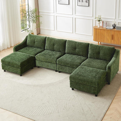 JIEXI Ecksofa mit Schlaffunktion – Dunkelgrün, 4 Sitze + 2 Hocker