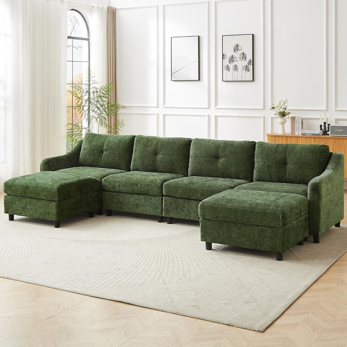 JIEXI Ecksofa mit Schlaffunktion – Dunkelgrün, 4 Sitze + 2 Hocker