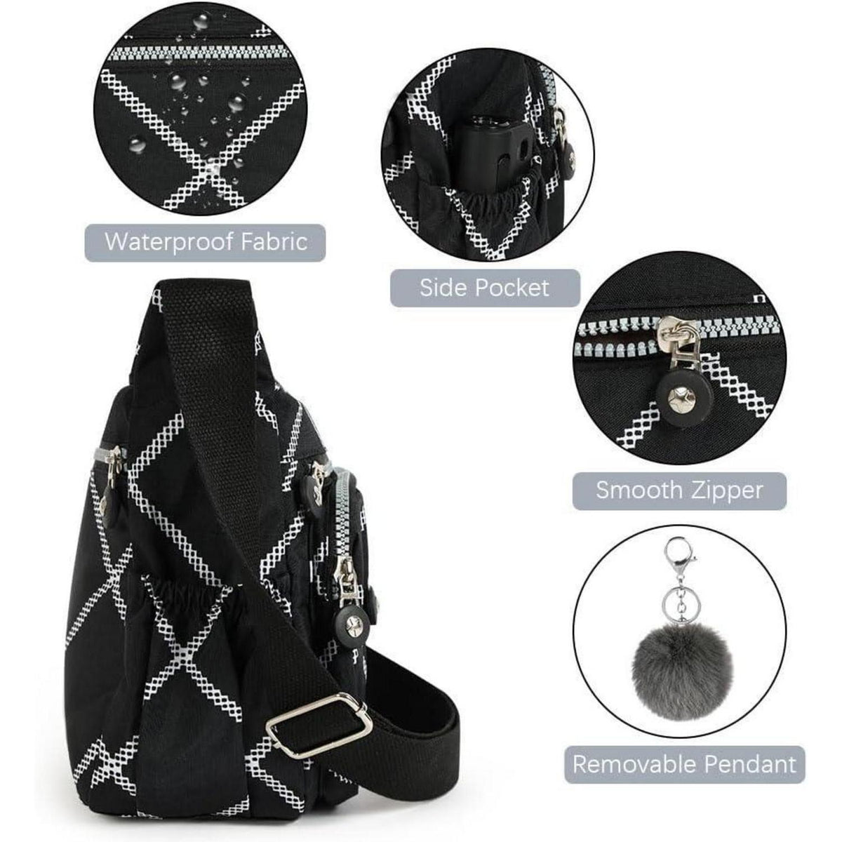 Nylon Umhängetasche Damen mit vielen Taschen, kariert