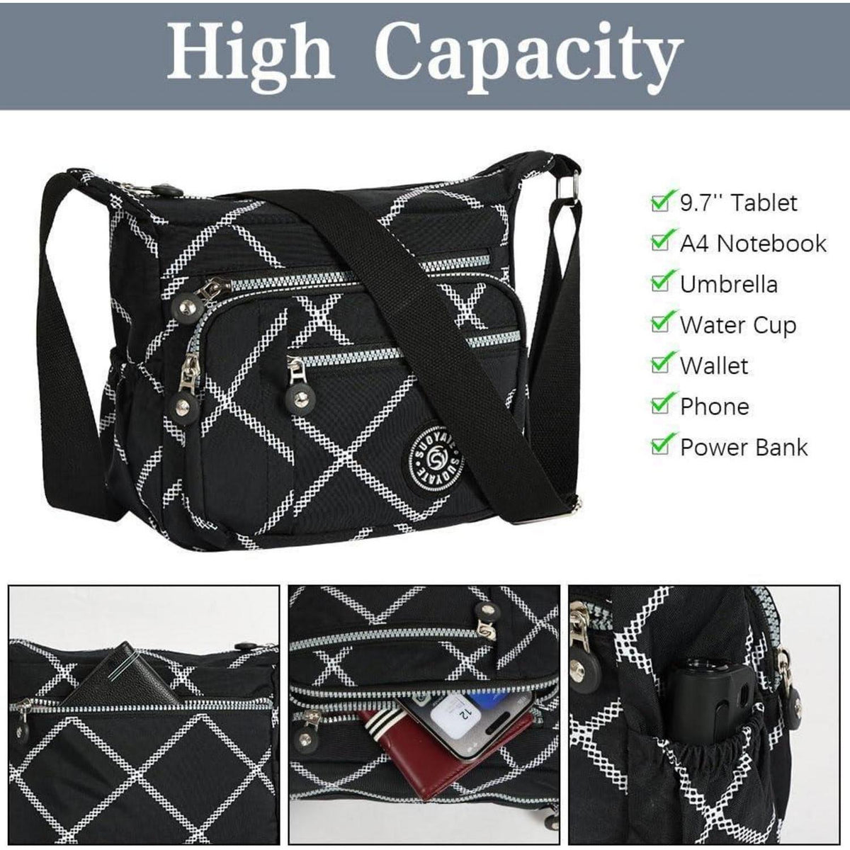 Nylon Umhängetasche Damen mit vielen Taschen, kariert