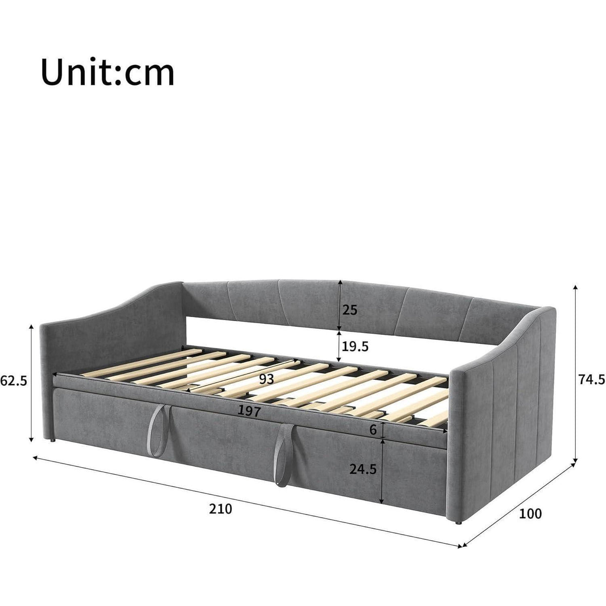 Tagesbett 90x200 cm mit Ausziehbett Grau – 3-in-1 Schlafsofa