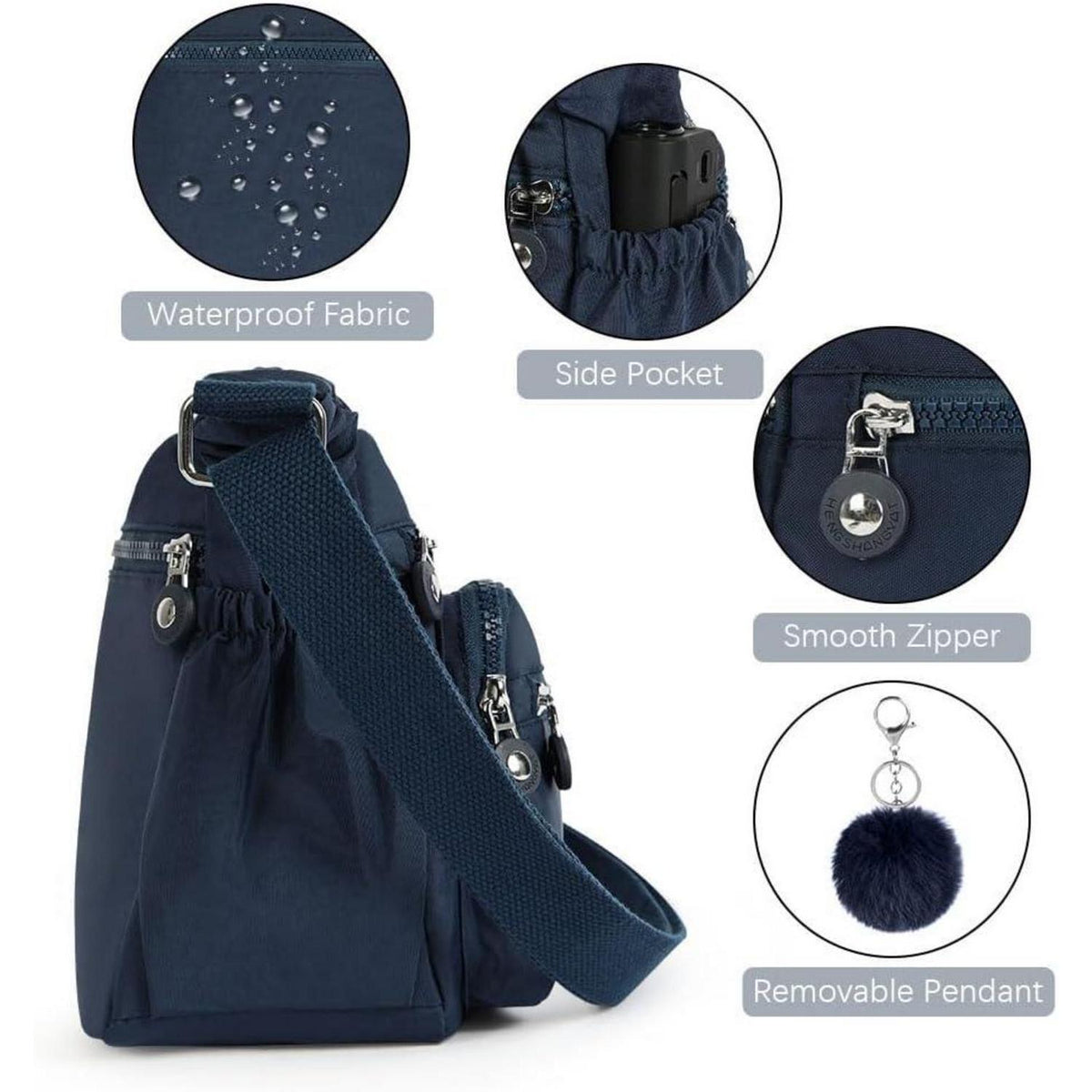 Damen Umhängetasche Nylon mit vielen Taschen, Dunkelblau