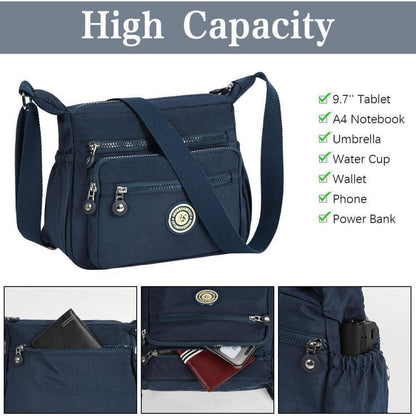Damen Umhängetasche Nylon mit vielen Taschen, Dunkelblau