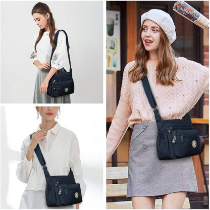 Damen Umhängetasche Nylon mit vielen Taschen, Dunkelblau