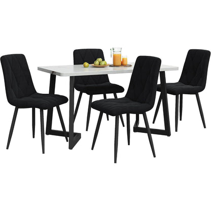 Essgruppe mit Esstisch & 4 Samtstühlen – Weiß & Schwarz