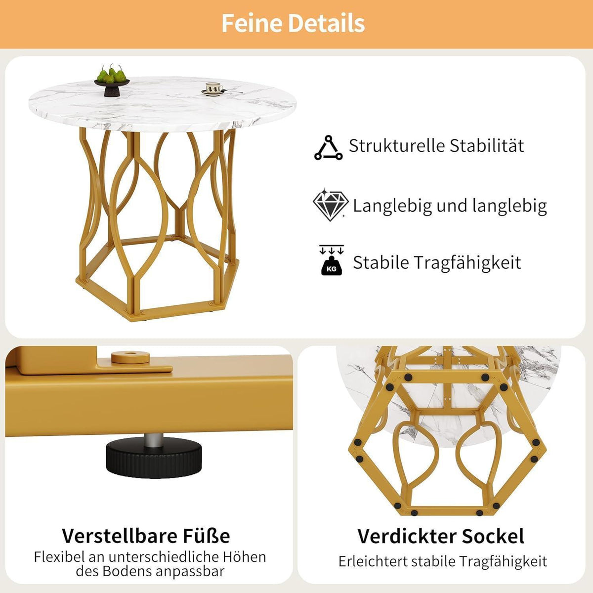 Runde Essgruppe mit 4 Samtstühlen – Weiß & Gold