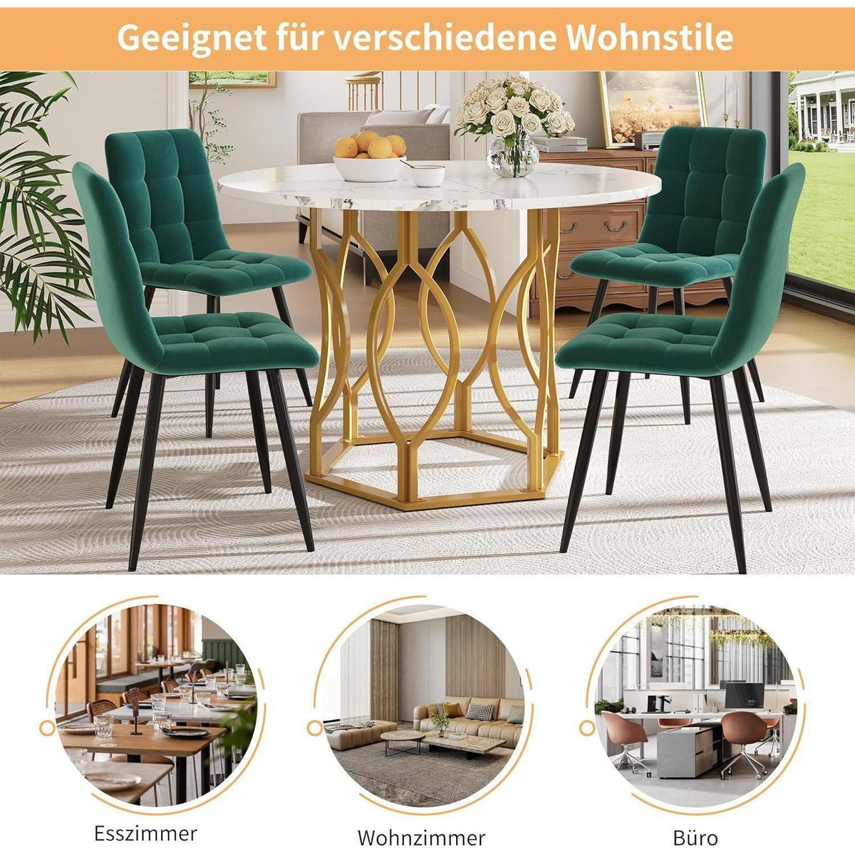 Runde Essgruppe mit 4 Samtstühlen – Weiß & Gold