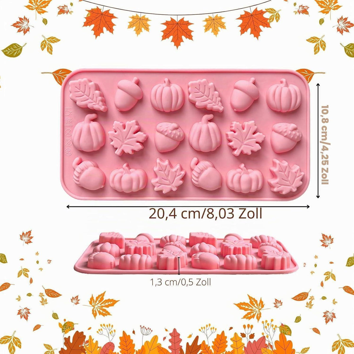 Silikon Schokoladenform Herbst – 18 Mulden Ahorn, Kürbis, Eichel