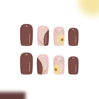 Press On Nails Herbstblumen – Braune Quadratische Nägel Zum Aufkleben
