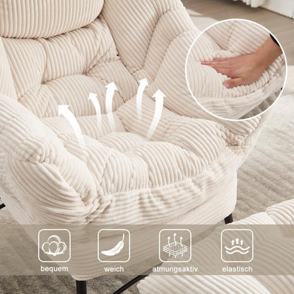 Moderner Ohrensessel mit Hocker | Cord Weiß | Bequemer Loungesessel