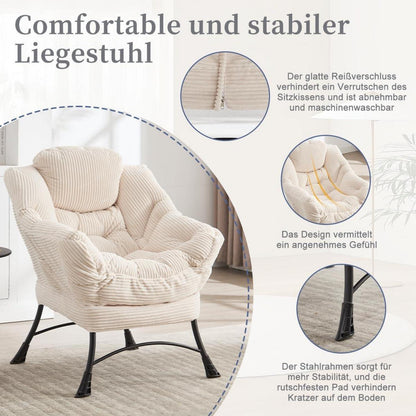 Moderner Ohrensessel mit Hocker | Cord Weiß | Bequemer Loungesessel
