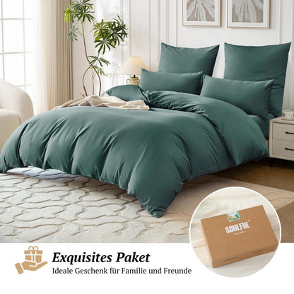 Satin Bettwäsche Set 135x200 Dunkelgrün 4tlg. Baumwolle