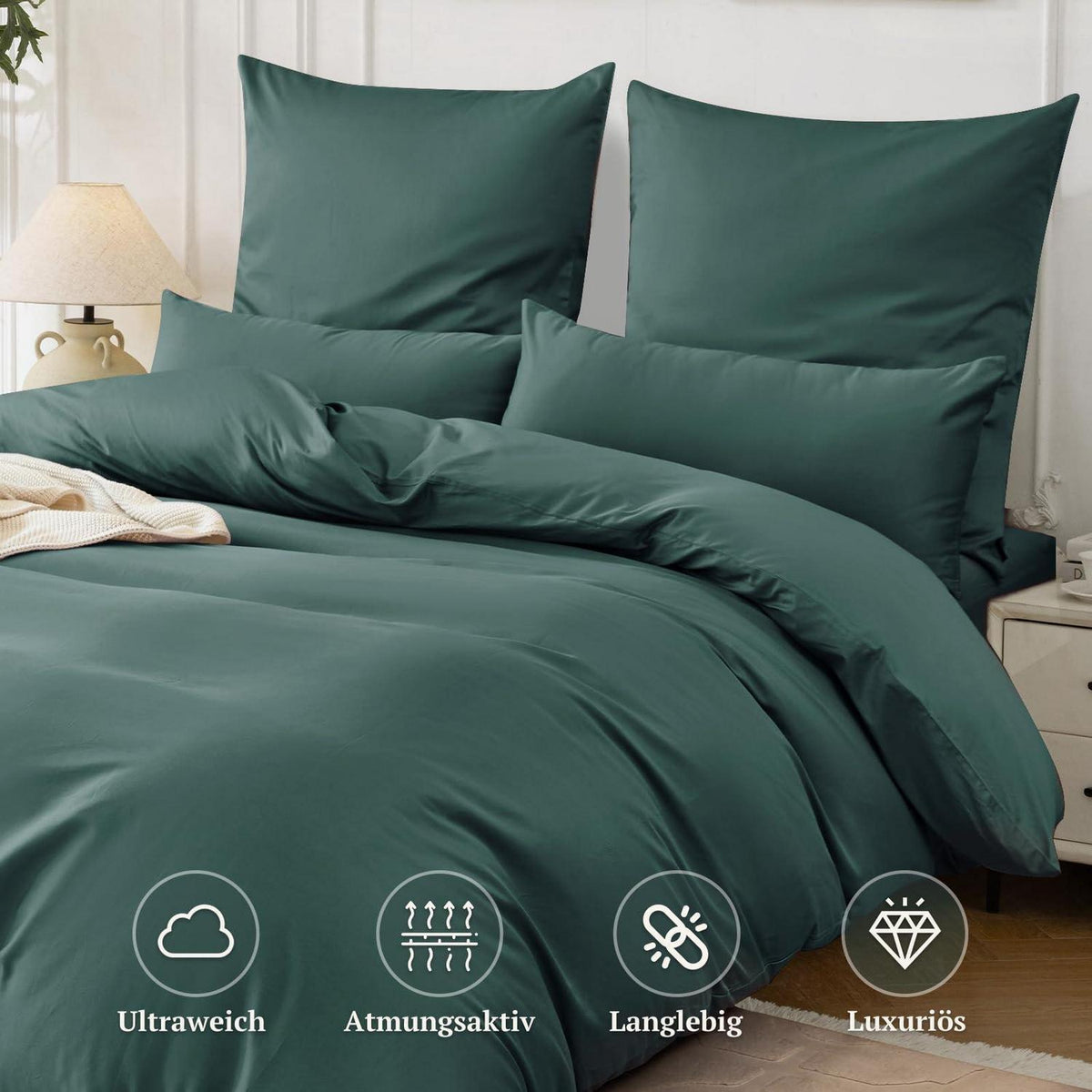 Satin Bettwäsche Set 220x240 Dunkelgrün, 3-teilig, Baumwolle