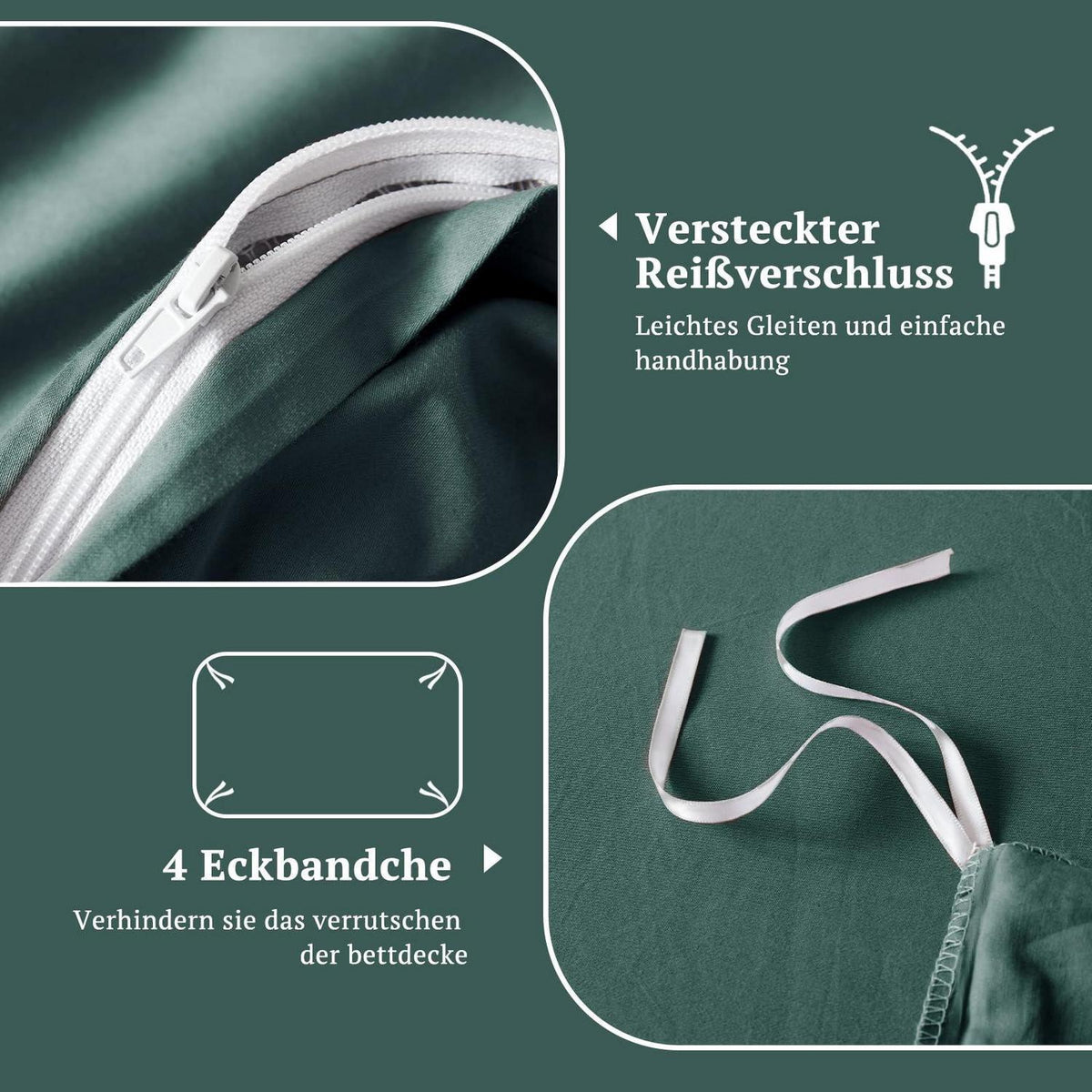 Satin Bettwäsche Set 220x240 Dunkelgrün, 3-teilig, Baumwolle