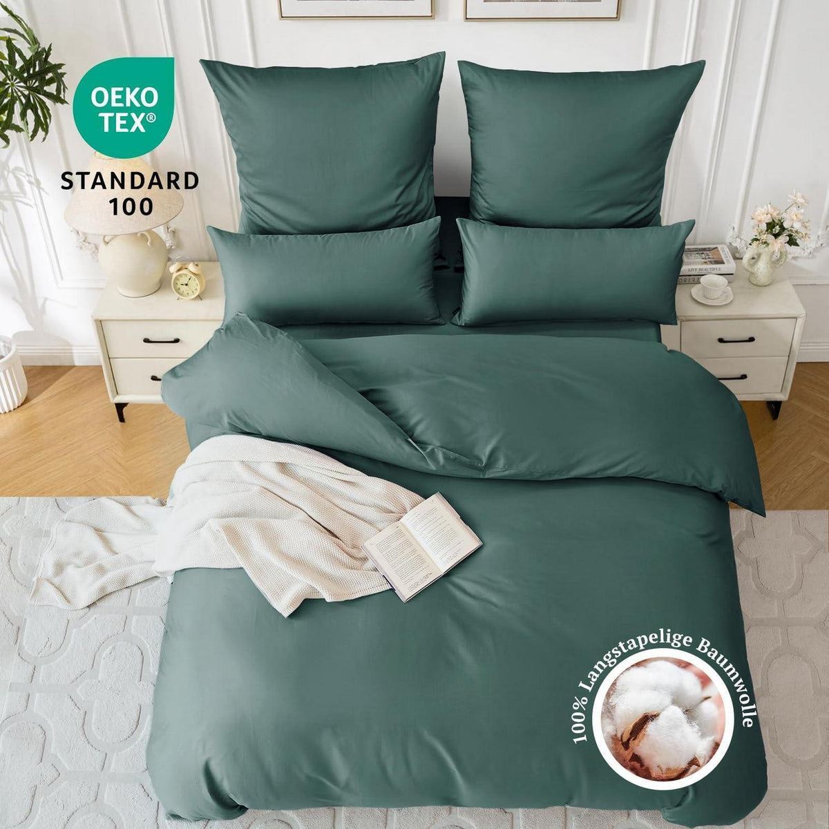 Satin Bettwäsche Set 220x240 Dunkelgrün, 3-teilig, Baumwolle