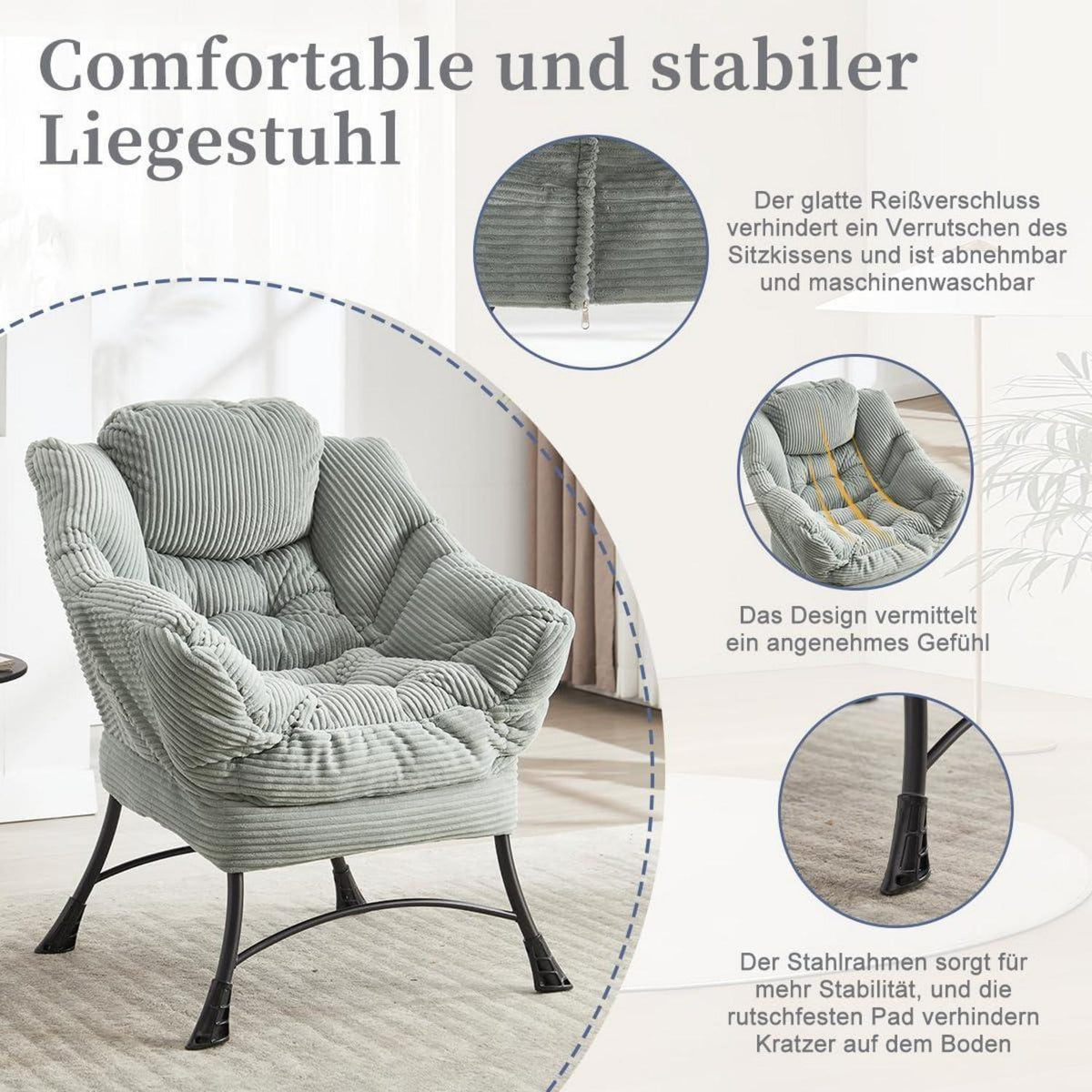 Moderner Ohrensessel mit Hocker – Cord Lounge Sessel Hellgrau/Grün