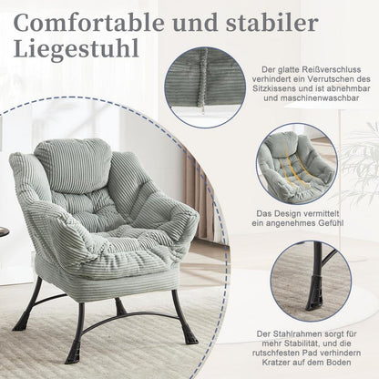 Moderner Ohrensessel mit Hocker – Cord Lounge Sessel Hellgrau/Grün
