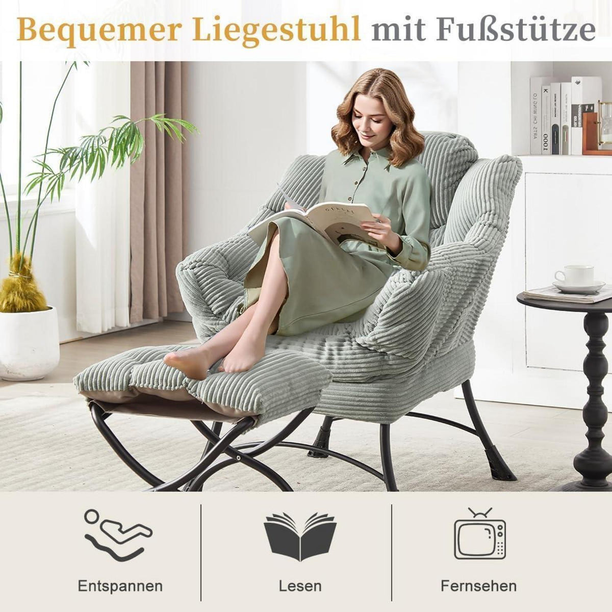 Moderner Ohrensessel mit Hocker – Cord Lounge Sessel Hellgrau/Grün