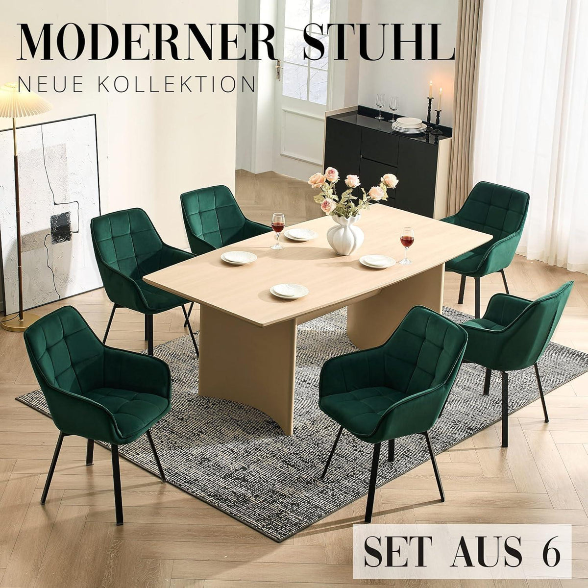 Drehbarer Samt Esszimmerstuhl Set (6er) Grün