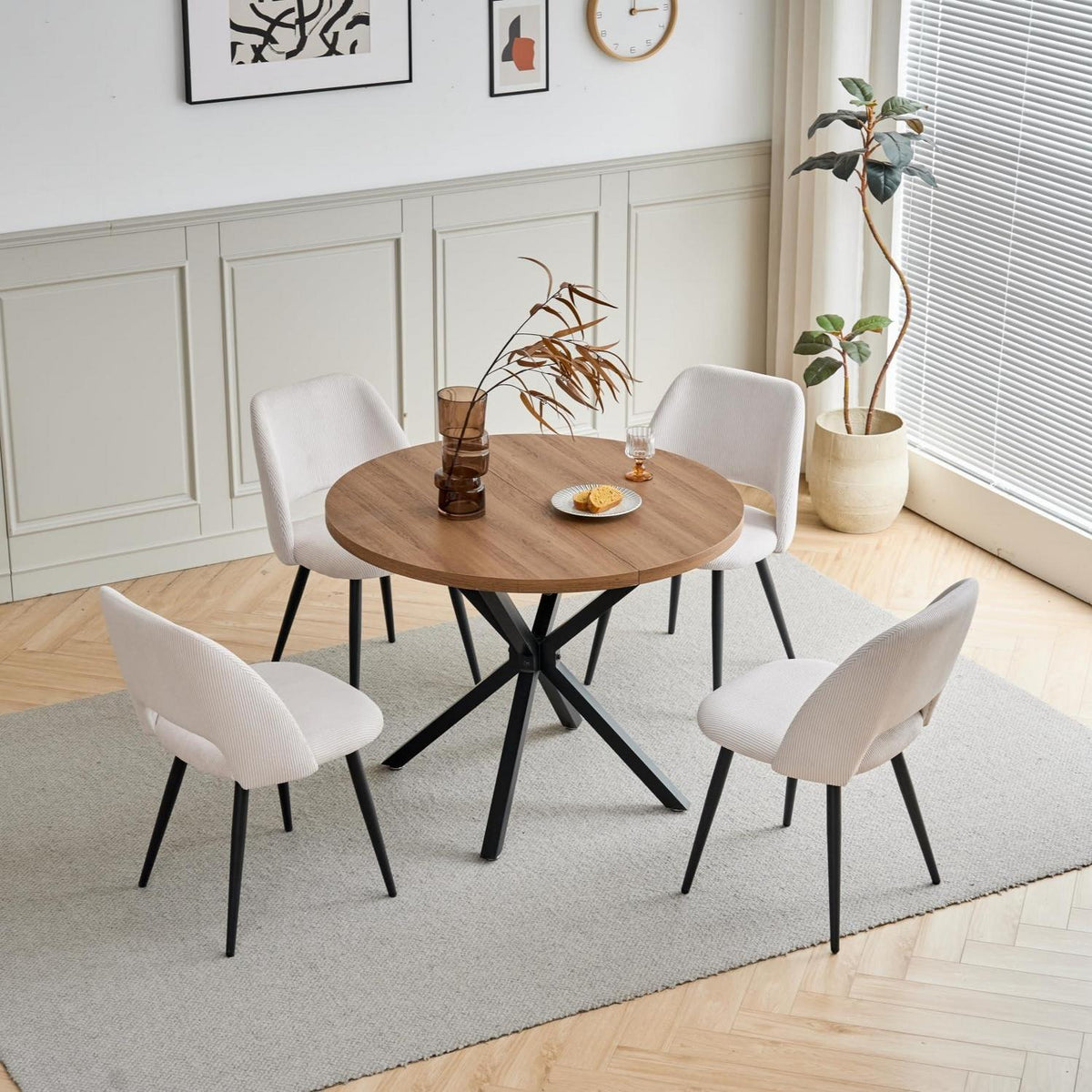 Runder Esstisch Set mit 4 Cord-Stühlen – Modern & Komfortabel