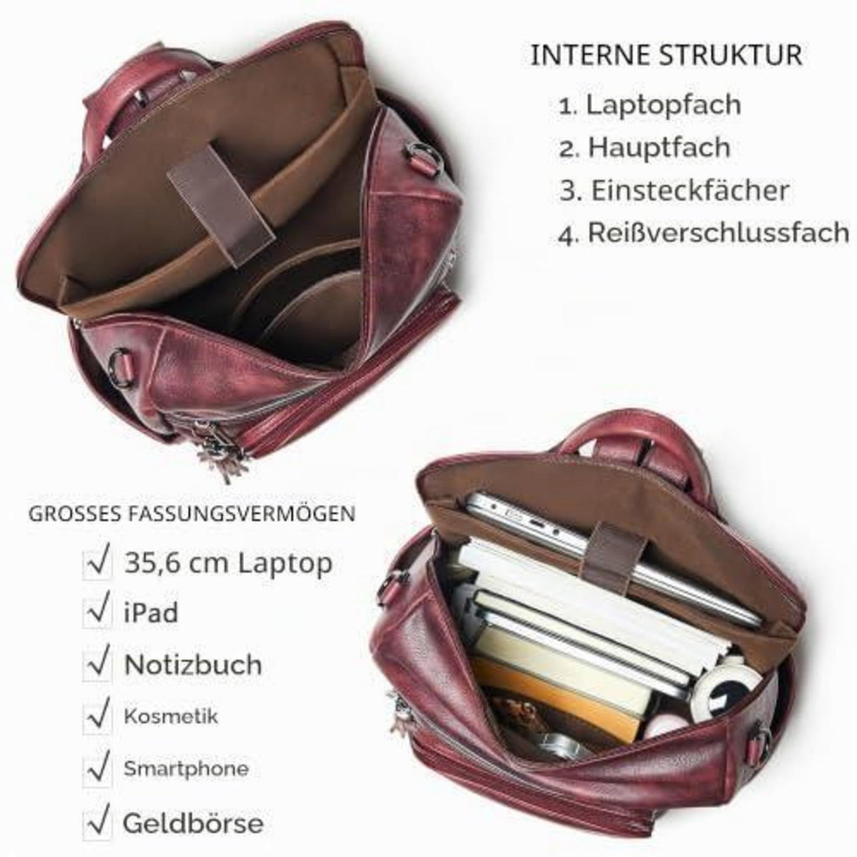 Rucksack Damen Laptopfach 15,6 Zoll Wasserdicht Business in Lederoptik