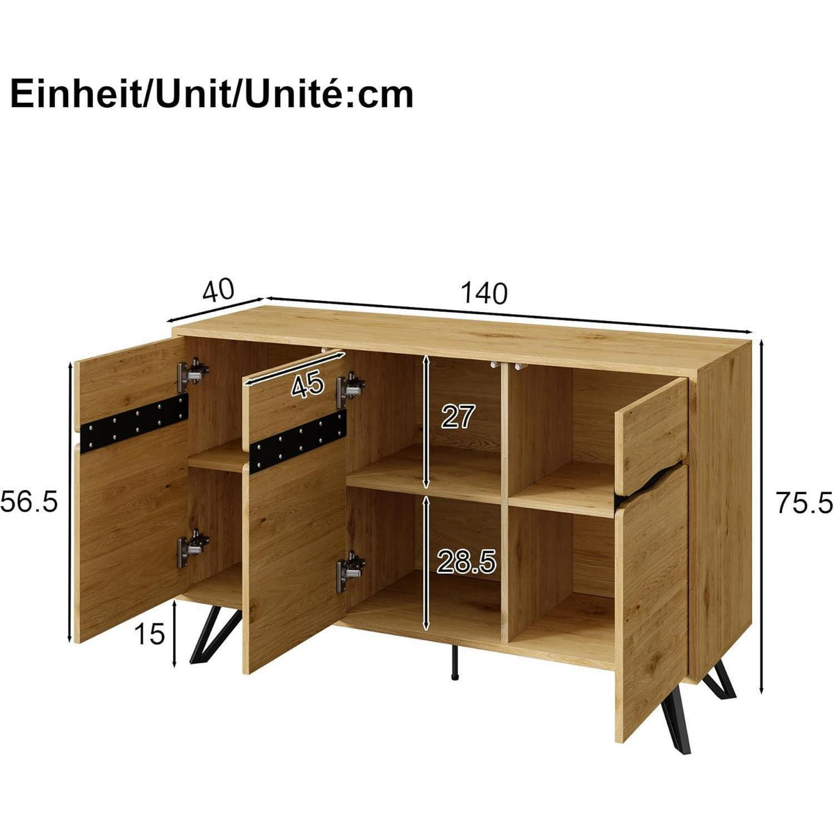 3-Türige Kommode Holzoptik mit Metallfüßen – Schmaler Flur- oder Wohnzimmerschrank