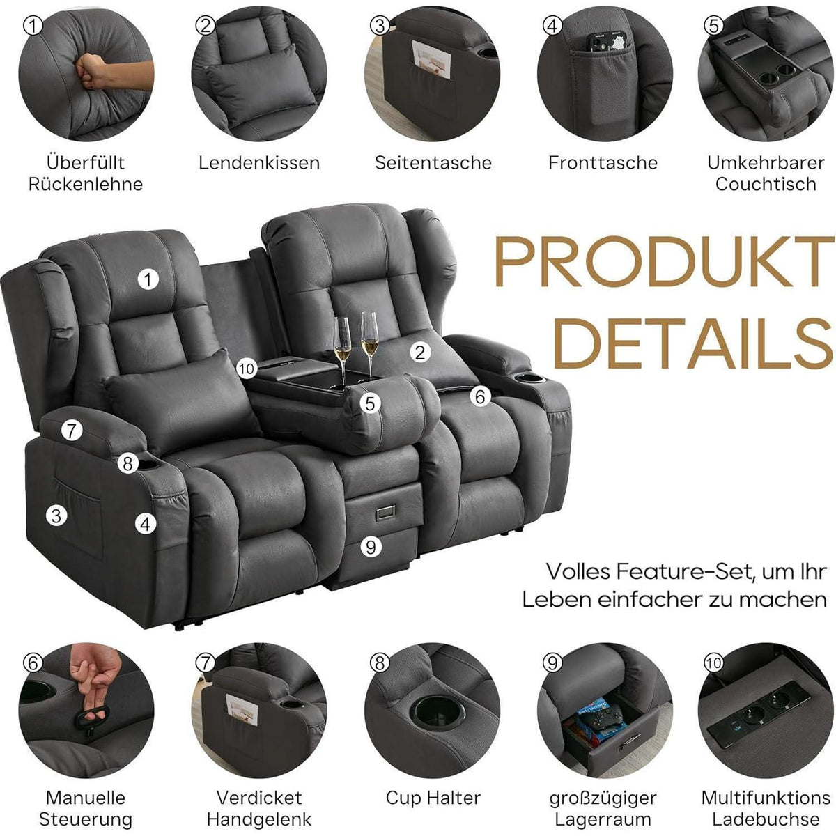2er Relaxsessel mit Liegefunktion & Konsole – Grau