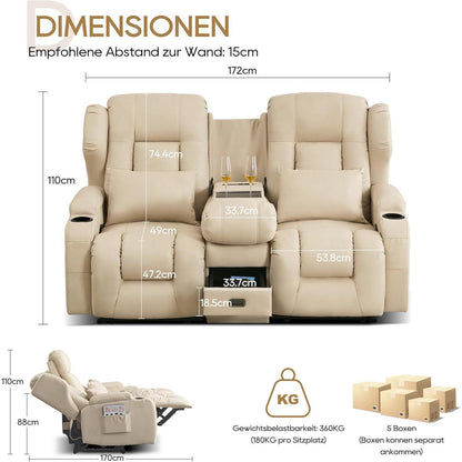 2er Relaxsessel mit Liegefunktion & Konsole – Beige
