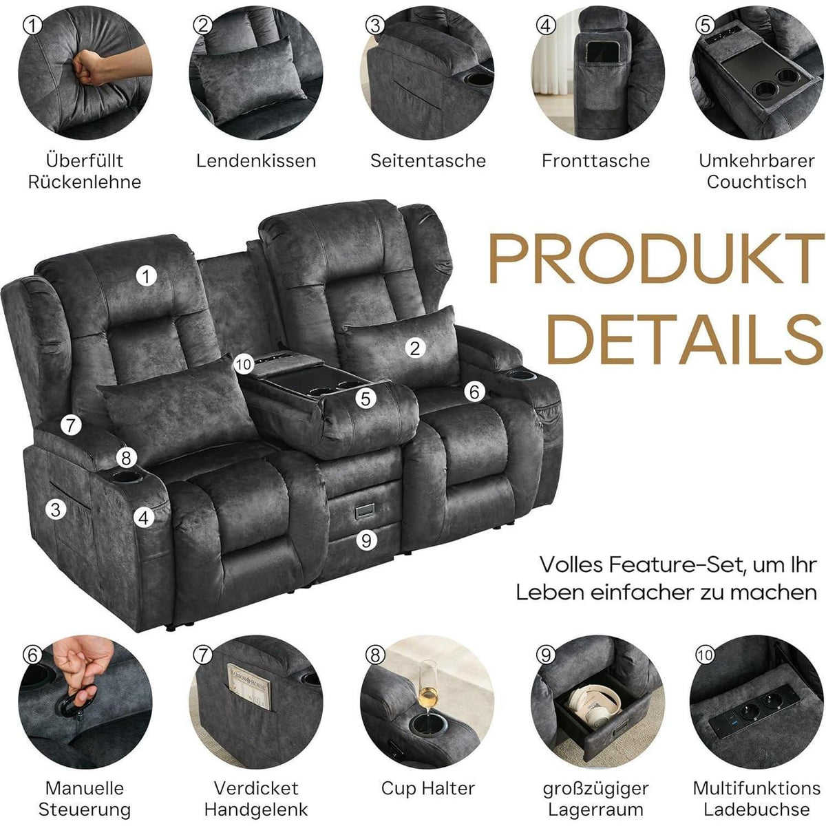 2er Relaxsessel mit Liegefunktion & Konsole – Grau
