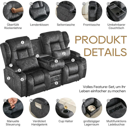 2er Relaxsessel mit Liegefunktion & Konsole – Grau