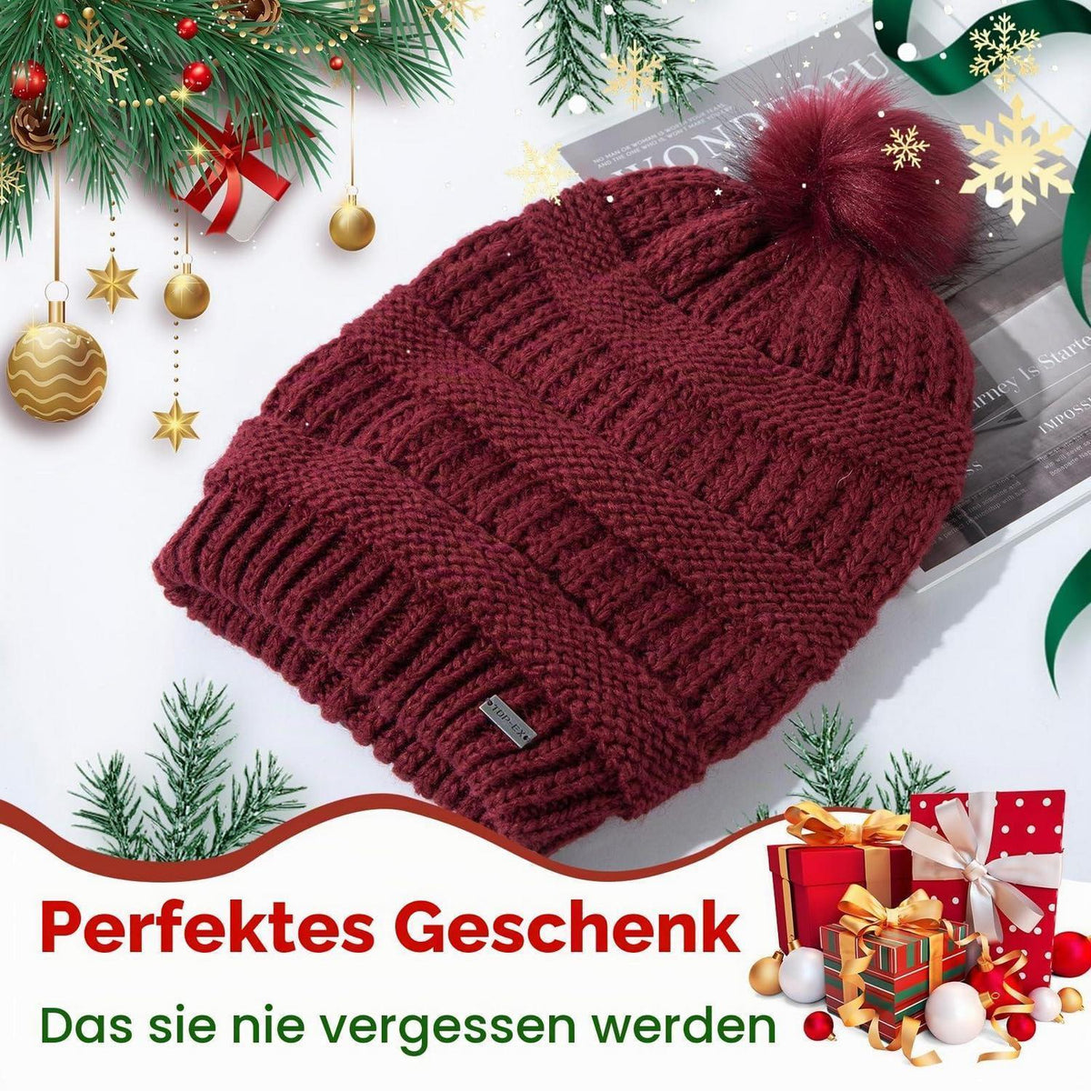Damen Wintermütze aus 100% Wolle mit Kunstfell-Bommel und Satin-Futter
